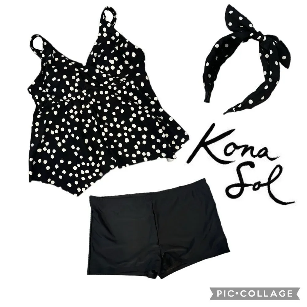 3pc swimsuit set/polkadot tankini swim top & boy shorts with headband